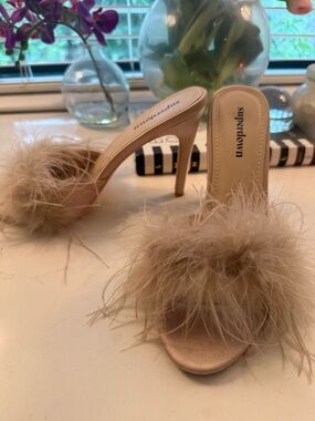 superdown Beige Feather Trim Stiletto Mules
